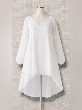Boutique Style White Chiffon sheer High-Low Dress with Balloon Sleeves